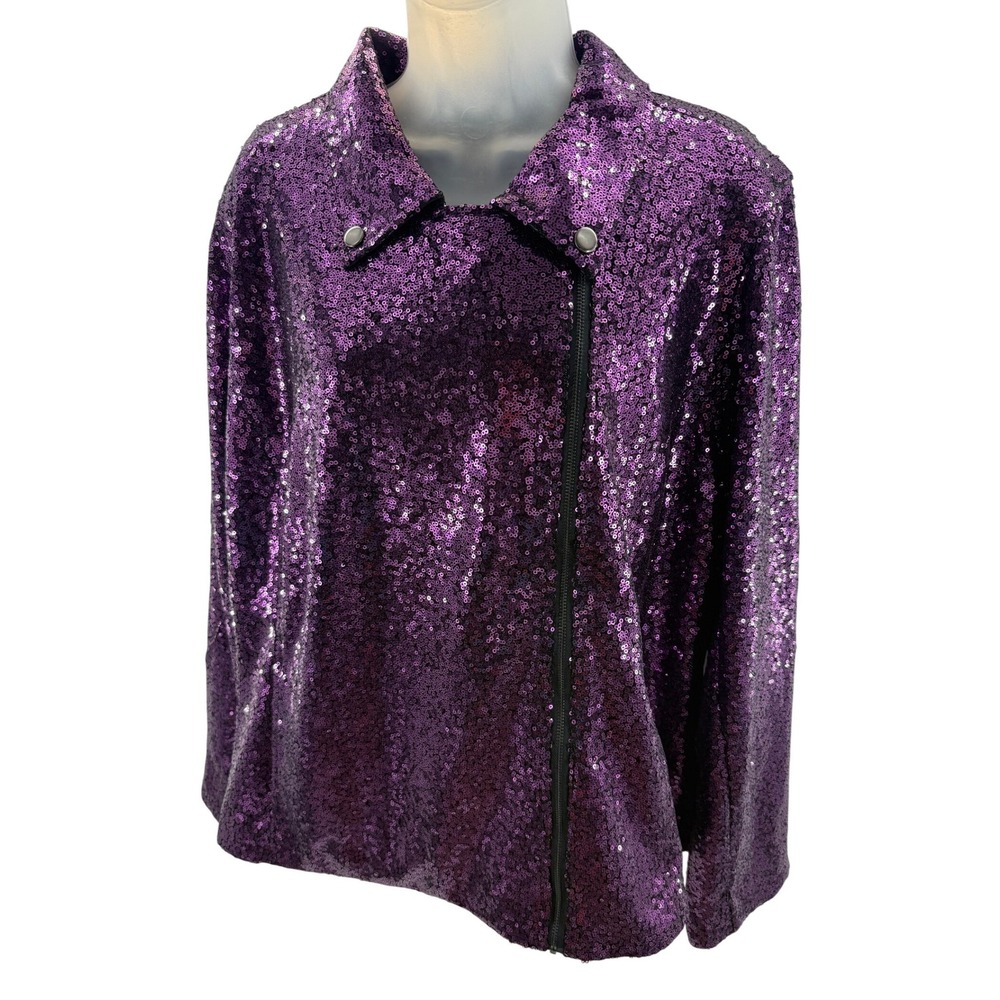 Colleen Lopez Purple Sequin Moto Jacket Asymmetrical Zip Glam Womens 2XL